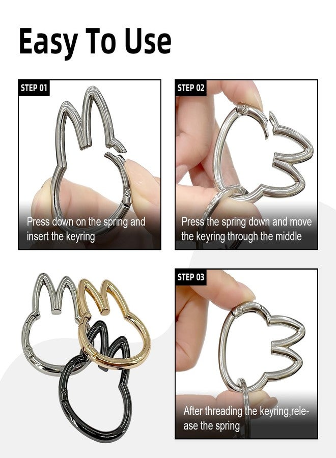 EQUNROY 3 Pcs Cute Carabiner Keychain, Adorable Bunny Shape Alloy Key Ring Clip, 4.5cm Cartoon Style Belt Loop Clip for Backpack Purse Dog Leash Decoration(Silver Gold Black) - Image 4